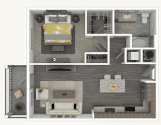 Floor plan for 1 bed, 1 bath, 740 sqft